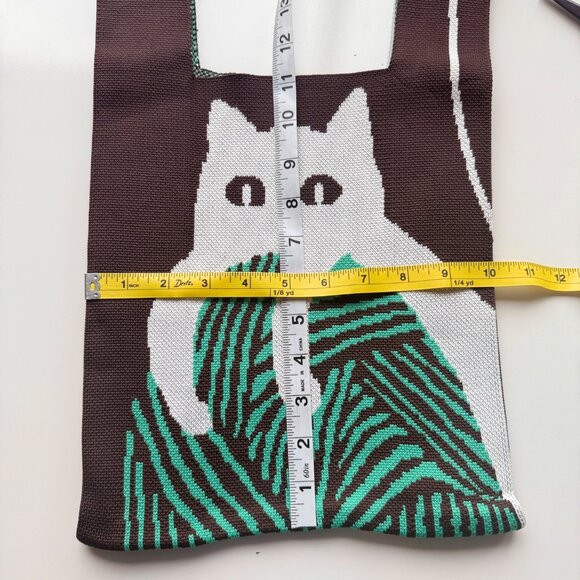 Hundred & One Knitted Tote Bag With Cat Design Brown/Green 12" x 7.5" New - Picture 4 of 4